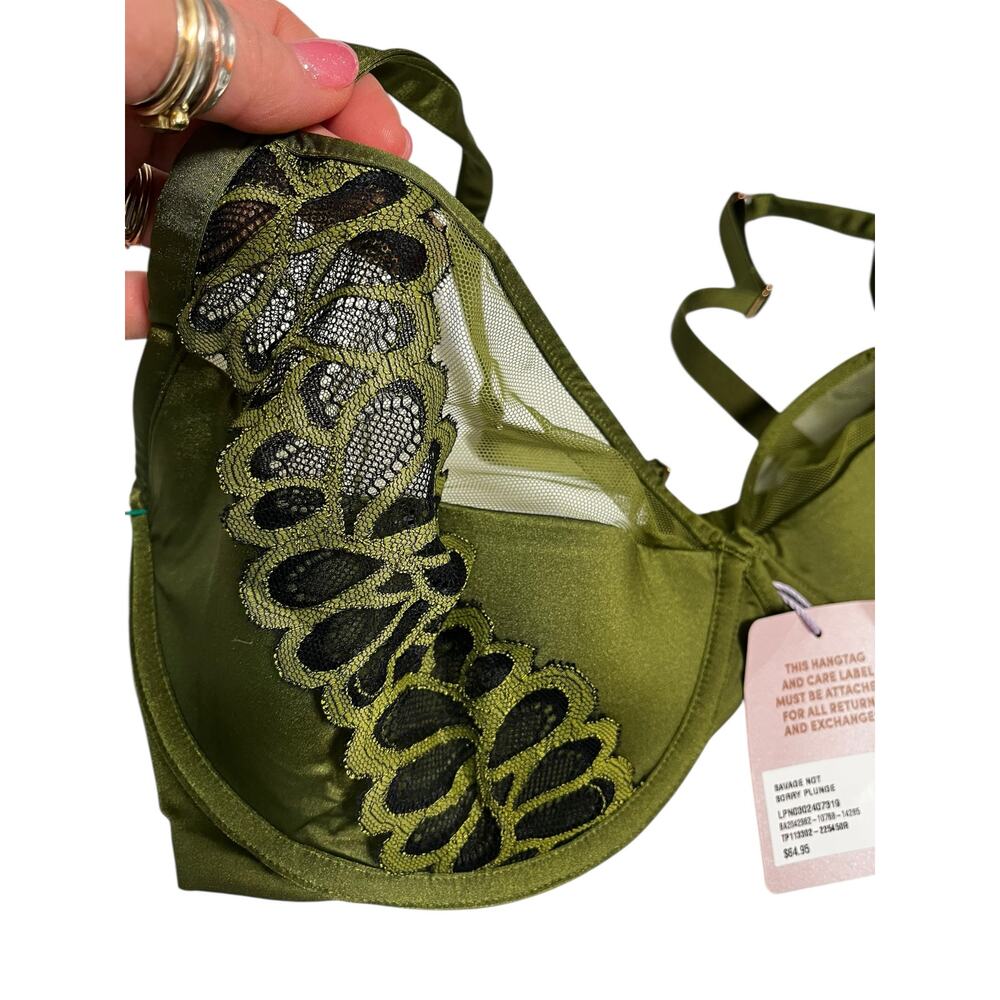 Savage x Fenty | Savage Not Sorry Half Cup Plunge Bra | Green Olive Black 36DDD - Picture 4 of 8